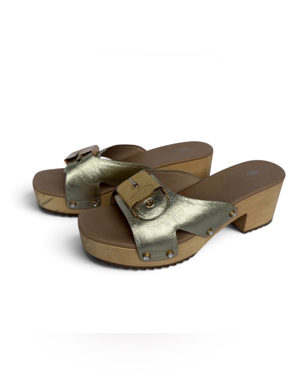 Dr. Scholl's Metallic Gold Leather Clogs with Buckle